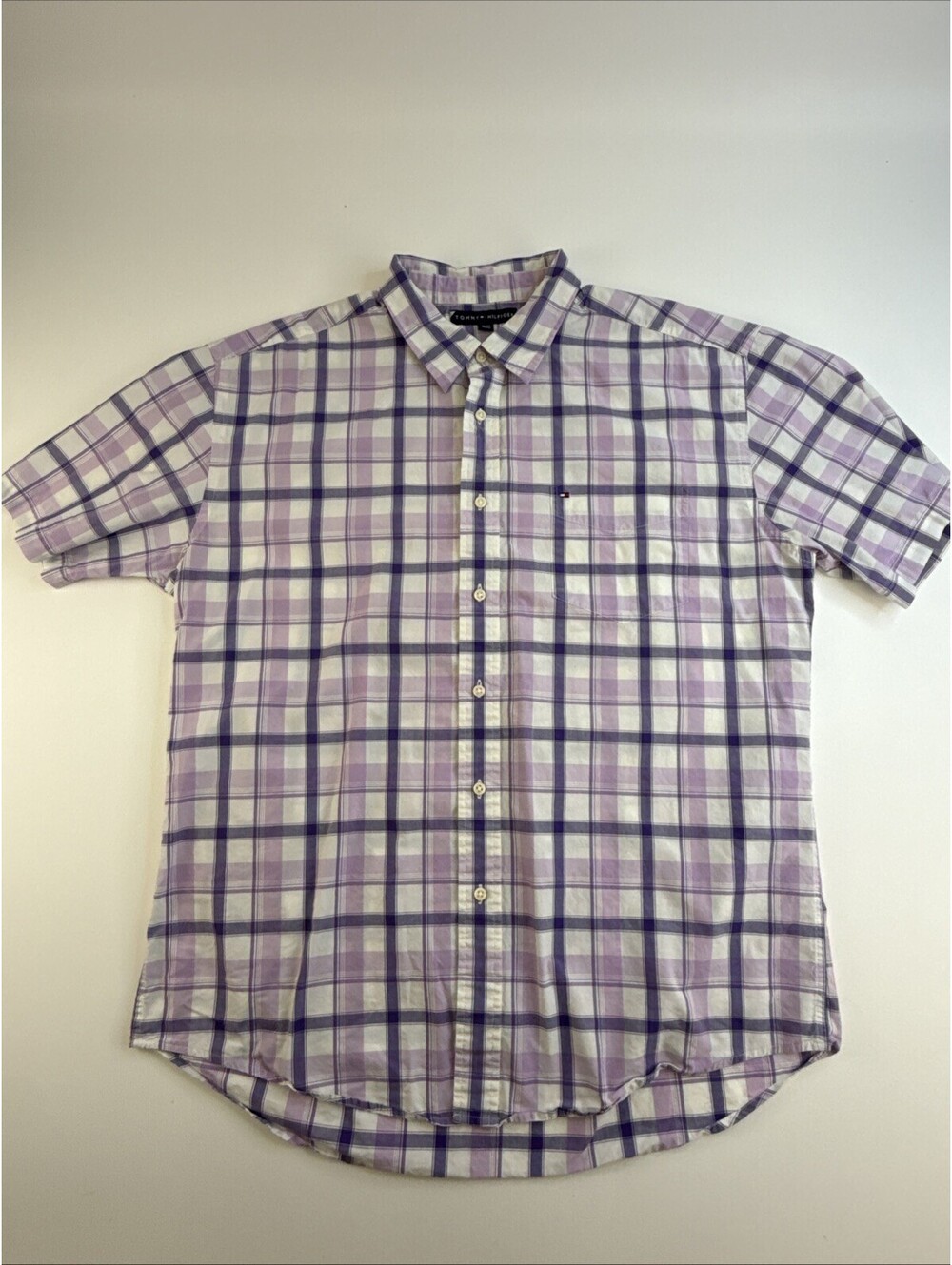 Vintage Tommy Hilfiger Men's XL Purple Plaid Short Sleeve Button-Up